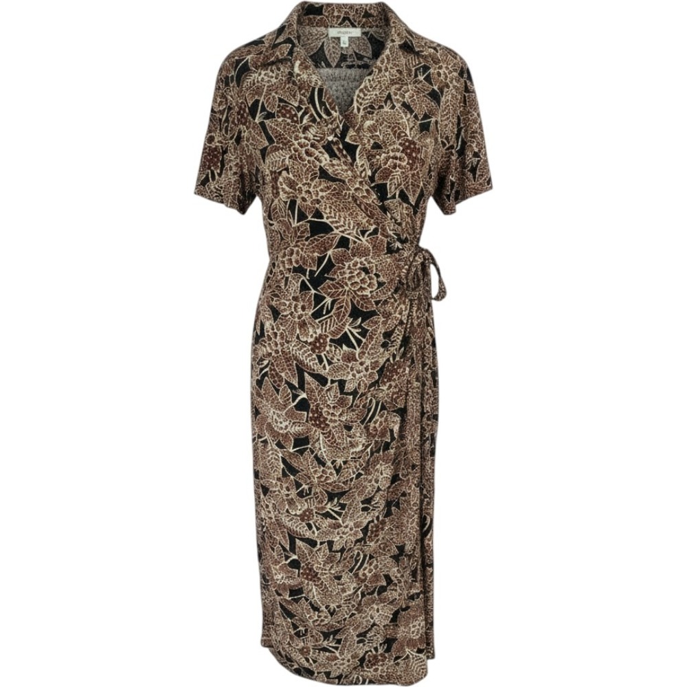 Talbots Silk Wrap Dress Size 12 P Brown Floral Batik Short Sleeve Midi Earthy